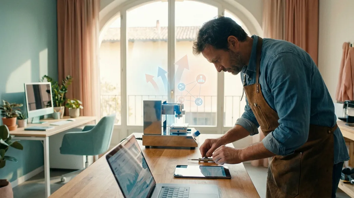 Titolare di una piccola impresa al banco di lavoro con laptop e tablet, con frecce di flusso e nodi dati che richiamano l'automazione