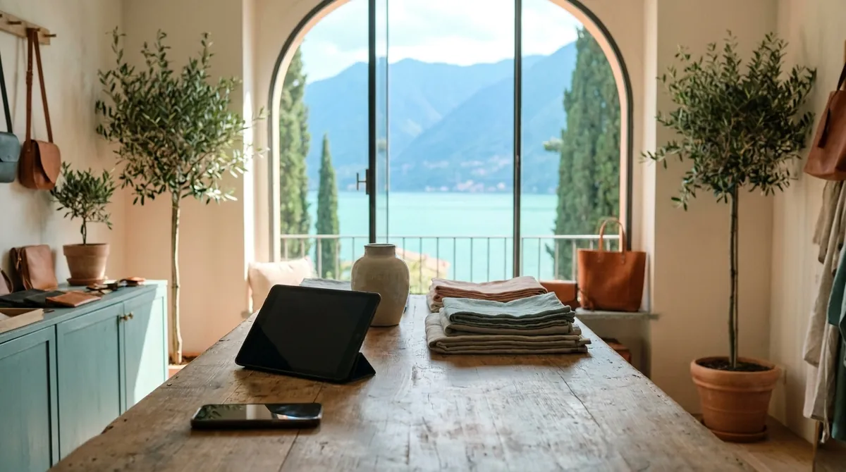 Bancone di una piccola boutique sul lago di Como con tablet e smartphone, vista lago