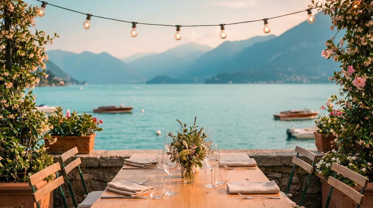 Terrazza di ristorante affacciata sul lago di Como al tramonto