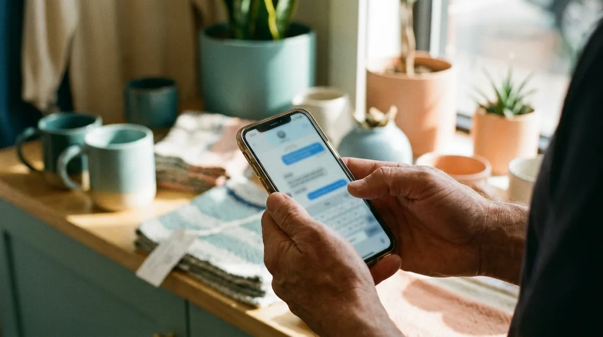 Mani di un titolare di un piccolo negozio che tengono uno smartphone con una conversazione in chat